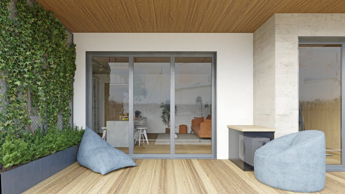 A photorealistic 3D rendering of a modern apartment balcony featuring a wooden deck floor and ceiling with large glass sliding doors